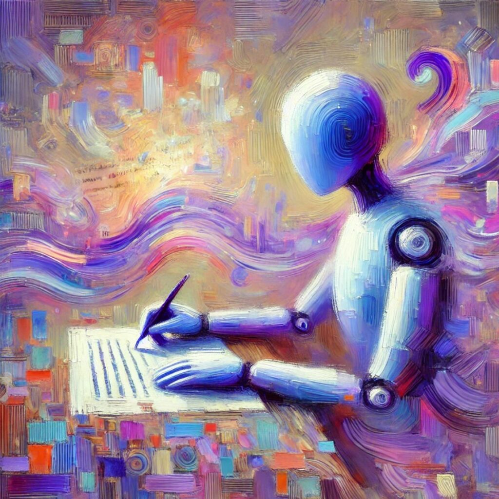 Figura robótica en estilo impresionista escribiendo en papel, con colores violetas y un fondo abstracto