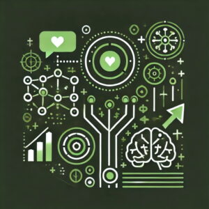 Imagen minimalista verde con íconos abstractos que representan la optimización de redes sociales mediante IA