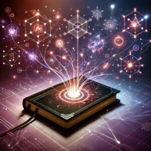 Imagen abstracta con un bloc de notas central y nodos interconectados que simbolizan ideas vinculadas