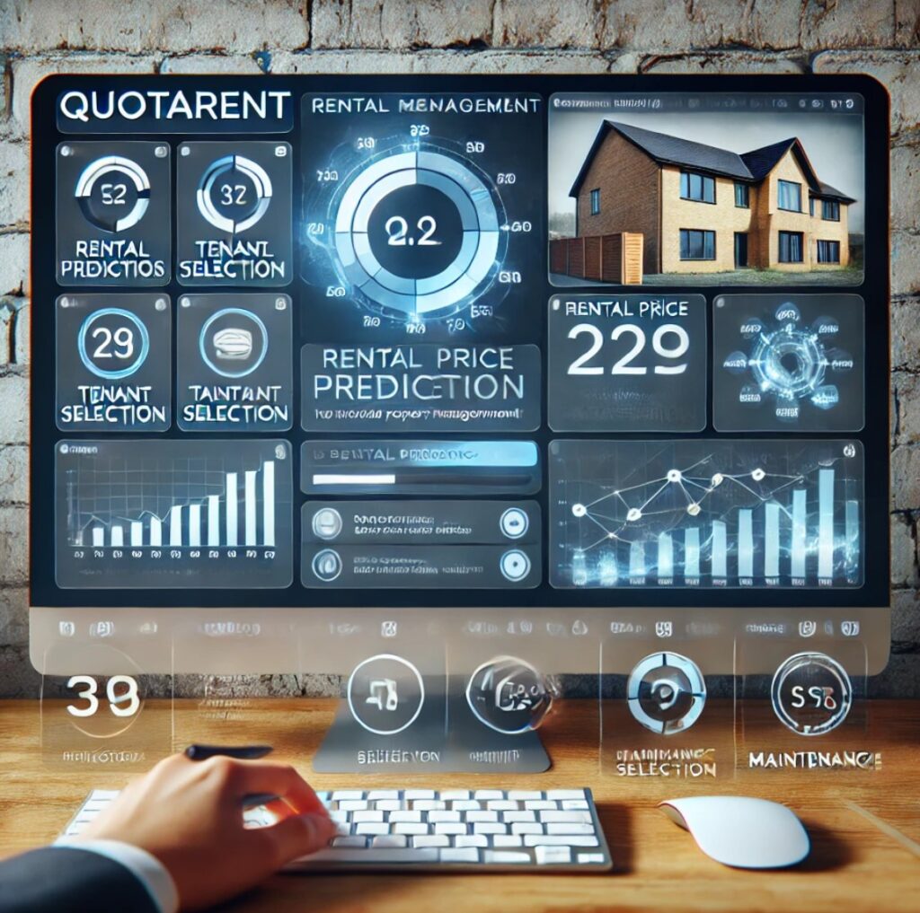 Interfaz moderna mostrando análisis predictivo y gestión automatizada de propiedades de alquiler