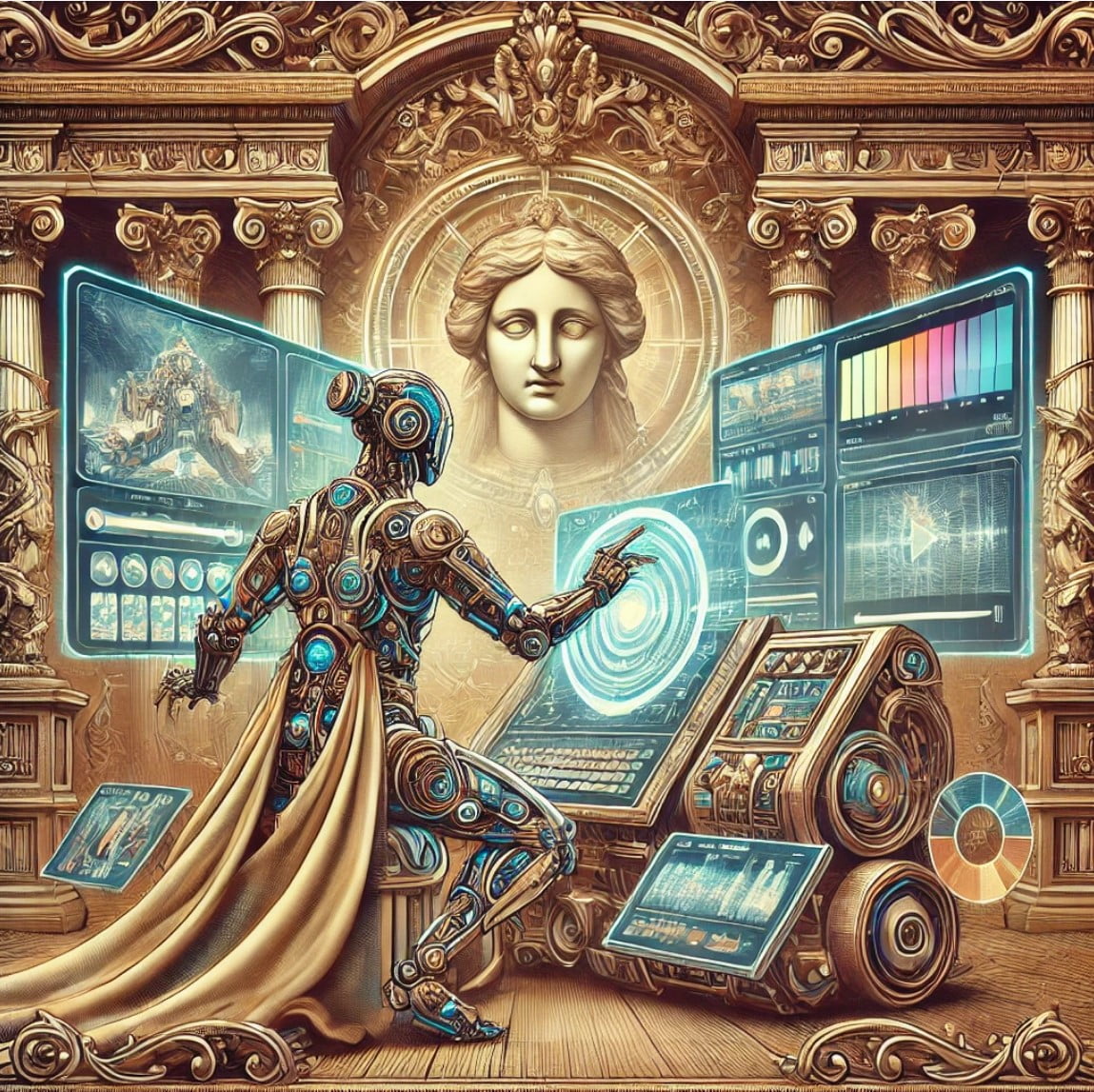 Ilustración de un robot futurista editando video con herramientas tecnológicas en estilo barroco