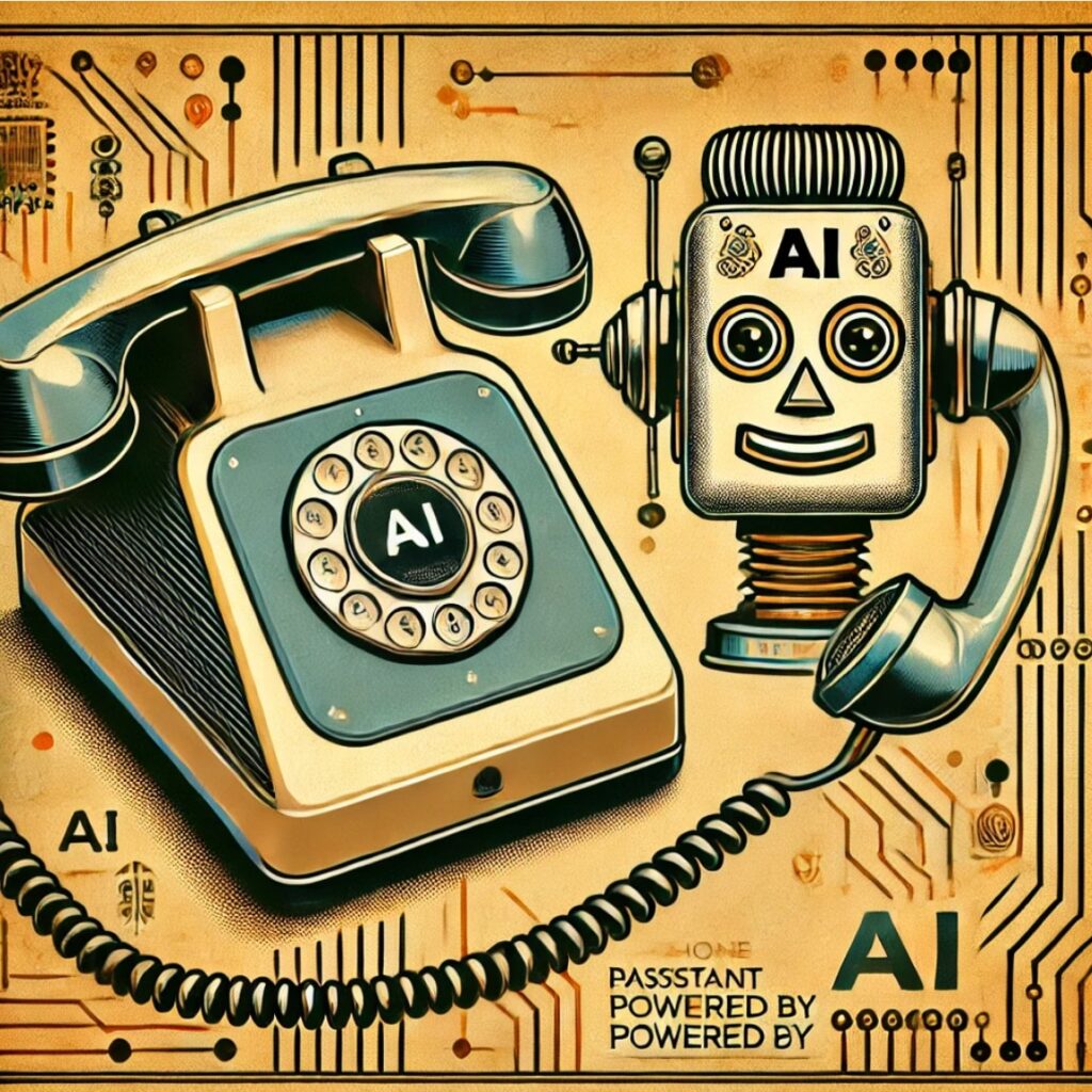 Asistente de llamadas telefónicas retro con IA, estilo vintage con un teléfono de disco y un robot amigable