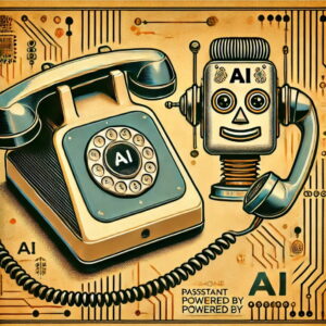 Asistente de llamadas telefónicas retro con IA, estilo vintage con un teléfono de disco y un robot amigable