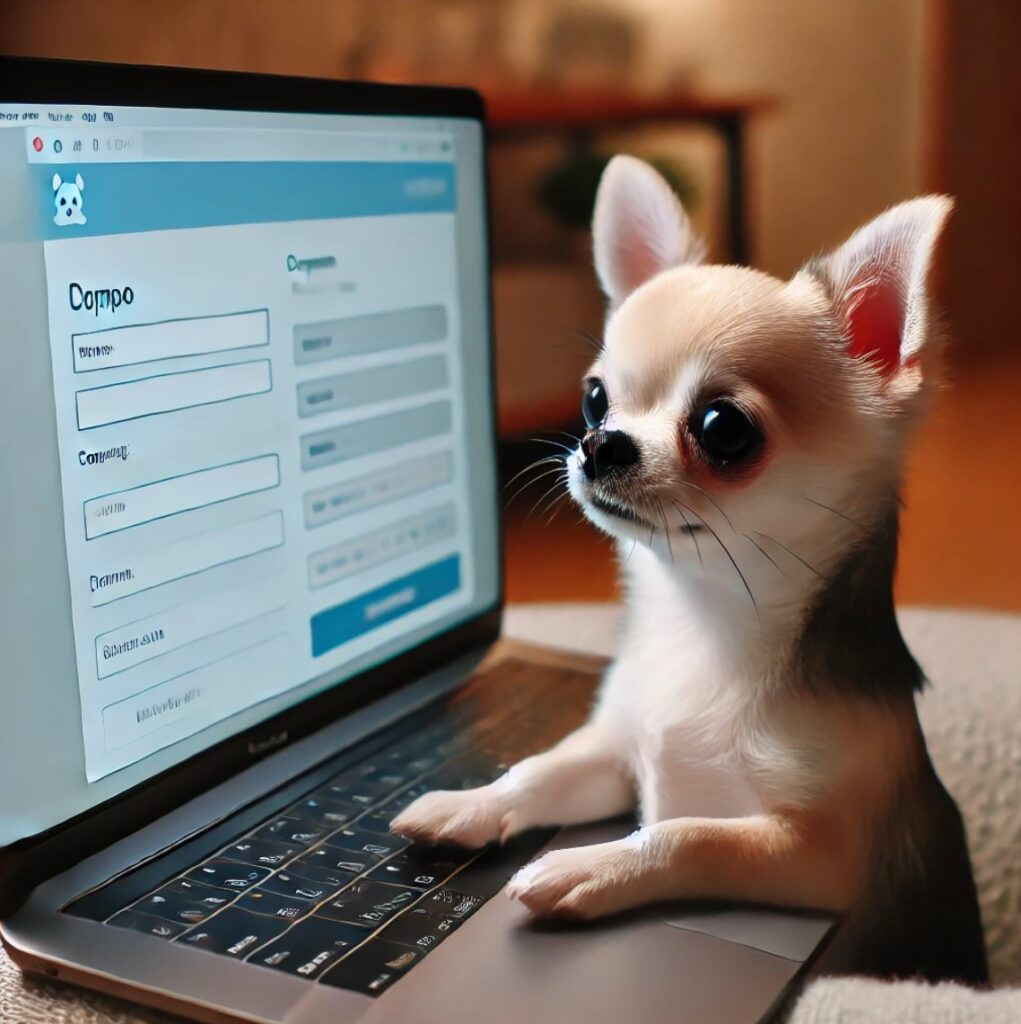 Chihuahua rellenando un formulario en línea en una laptop en un entorno acogedor