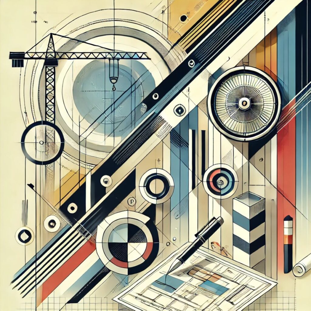 Imagen modernista de gestión de proyectos en construcción, con formas geométricas y elementos abstractos como grúas y planos