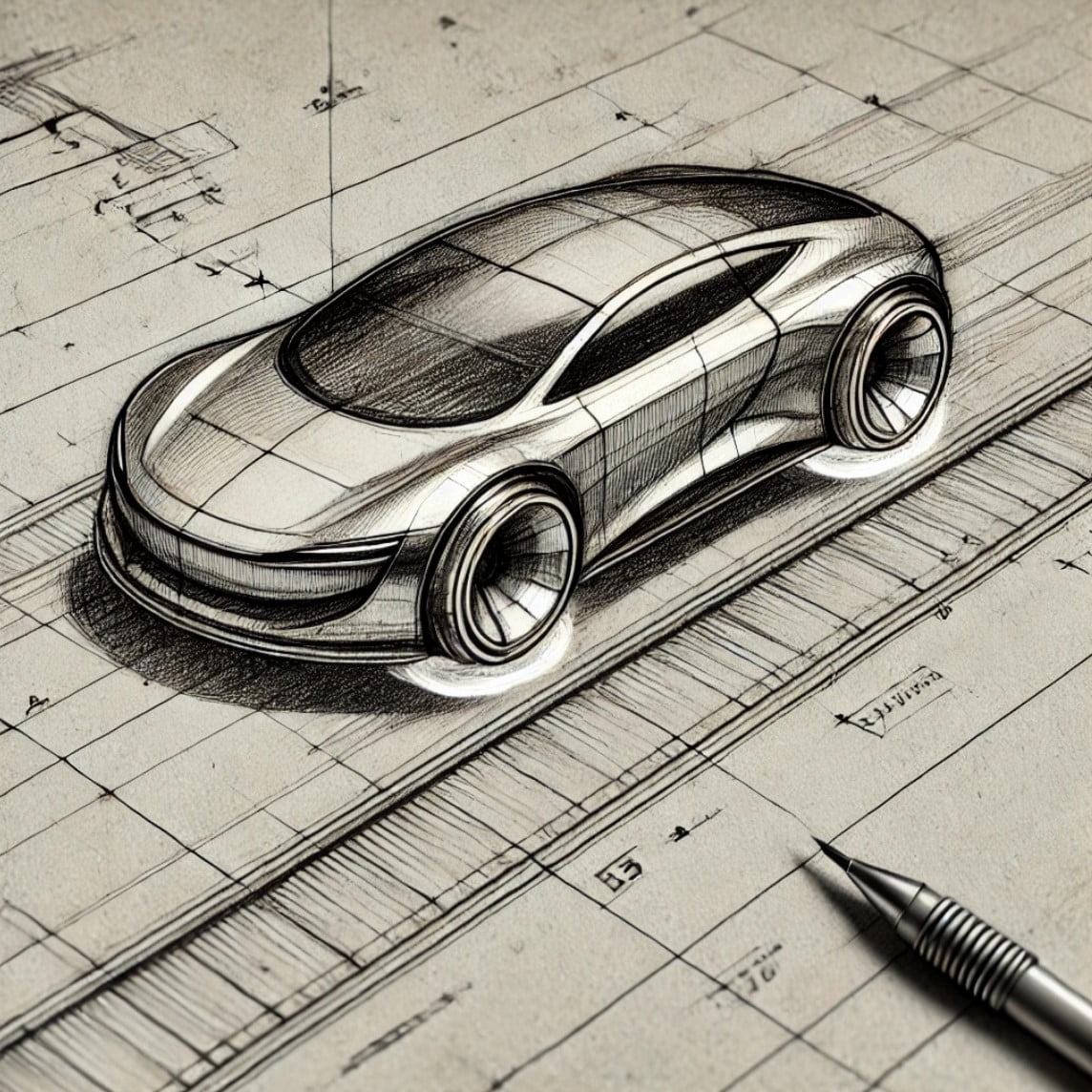 boceto a mano alzada del prototipo de coche con tecnología de levitación magnética