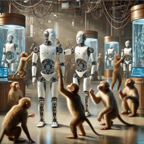monos observando robots humanoides en un laboratorio futurista