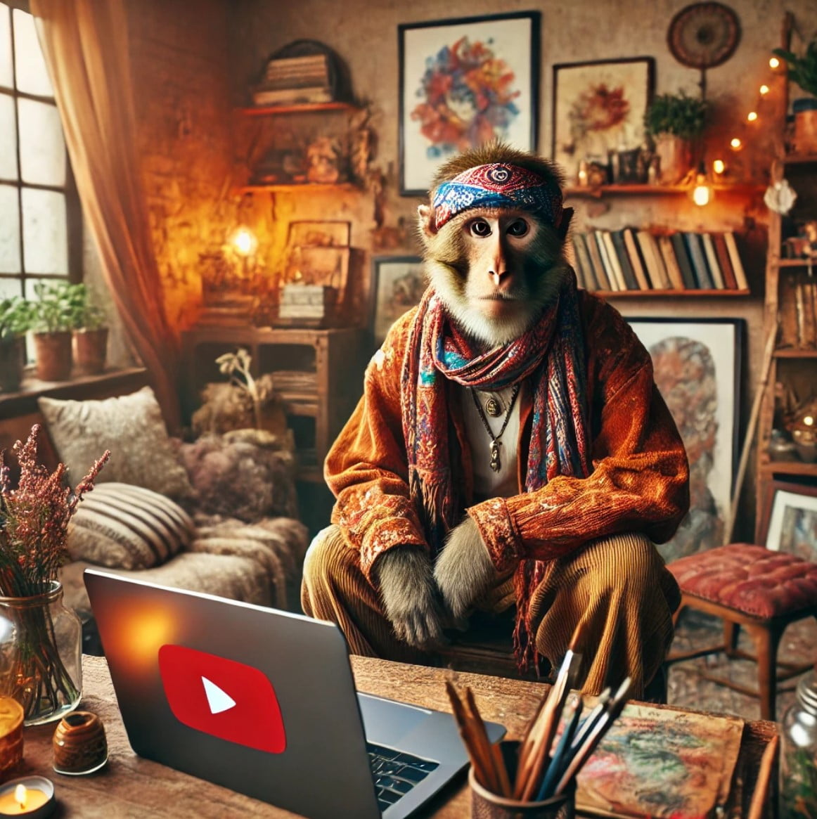 Mono youtuber de estilo bohemio, con una bufanda colorida en un entorno acogedor y artístico. Rodeado de libros, plantas, y una laptop vintage con el logo de YouTube, el mono trabaja en un espacio decorado con luces cálidas y arte abstracto, reflejando un ambiente creativo y relajado