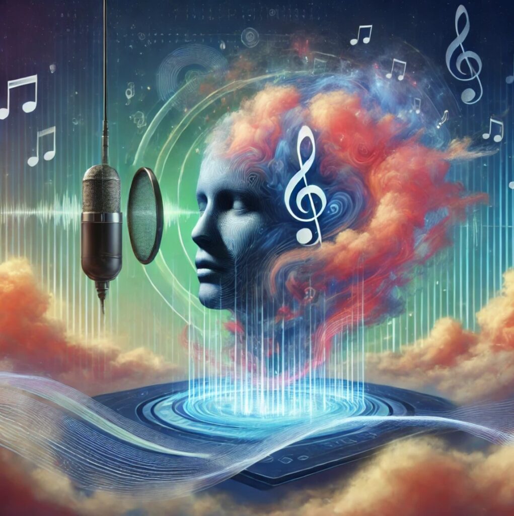 Representación surrealista de una herramienta de síntesis de voz con una interfaz futurista flotando en las nubes, ondas de sonido fluyendo como ríos, y un micrófono que se transforma en un rostro humano hablando hacia el cielo, con colores vibrantes y notas musicales simbolizando la conversión de texto en sonido