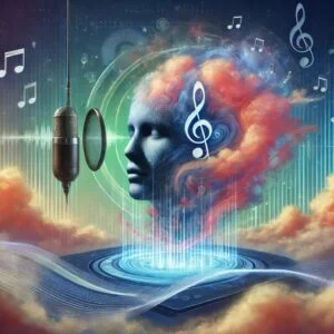 Representación surrealista de una herramienta de síntesis de voz con una interfaz futurista flotando en las nubes, ondas de sonido fluyendo como ríos, y un micrófono que se transforma en un rostro humano hablando hacia el cielo, con colores vibrantes y notas musicales simbolizando la conversión de texto en sonido