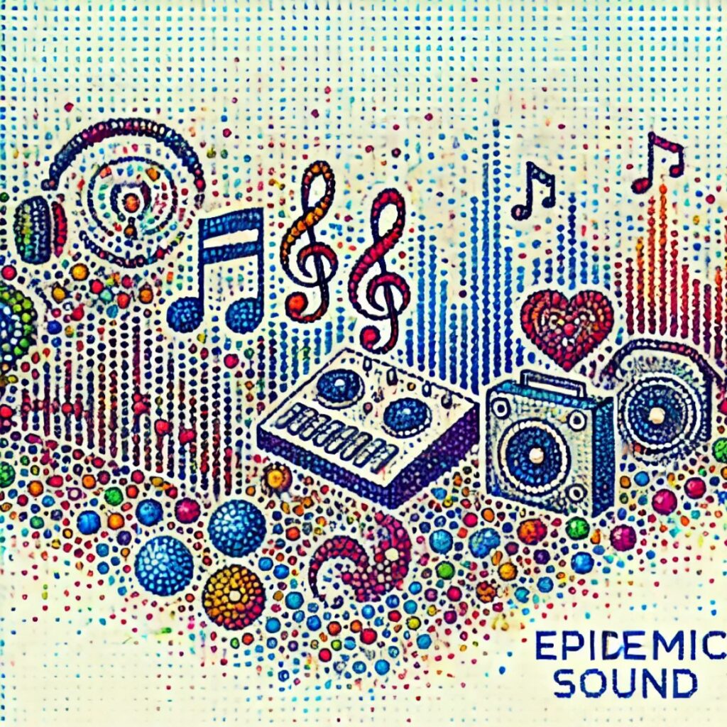 Ilustración puntillista de Epidemic Sound que muestra notas musicales, ondas de sonido y equipos de audio creados con pequeños puntos de colores vibrantes