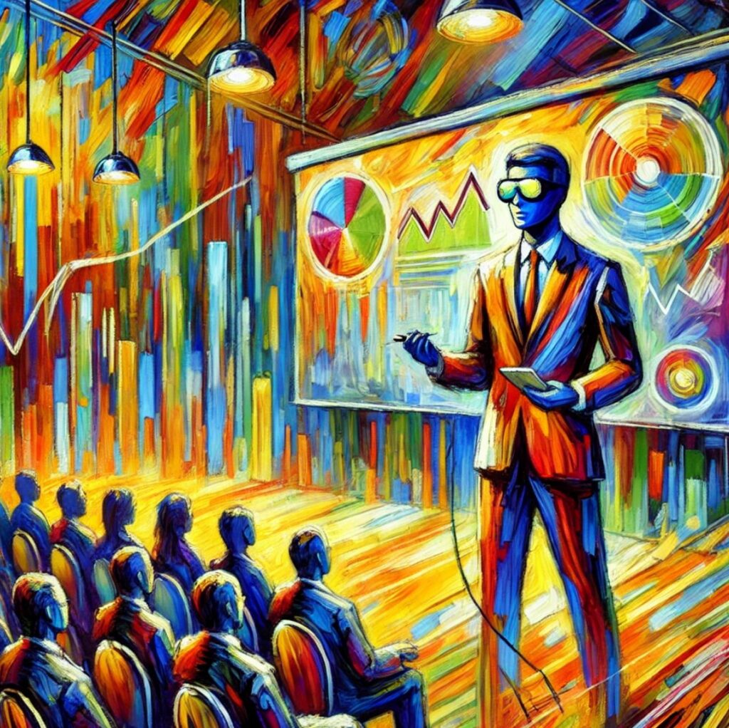 Avatar dando una charla en un escenario, con colores vibrantes y trazos expresivos en estilo fauvista. Fondo abstracto con audiencia y gráficos coloridos en pantalla