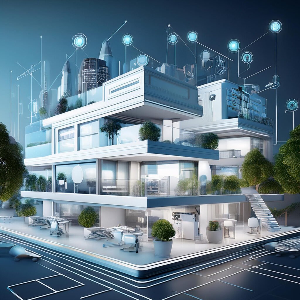 Edificio futurista con tecnología conectada y diseño arquitectónico moderno, representando la integración de sistemas avanzados en un entorno urbano