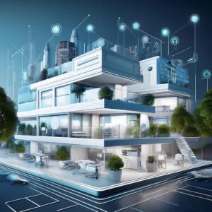 Edificio futurista con tecnología conectada y diseño arquitectónico moderno, representando la integración de sistemas avanzados en un entorno urbano