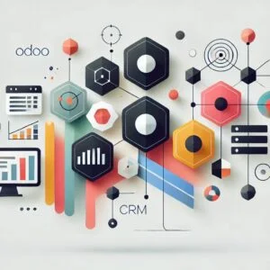 Ilustración minimalista de Odoo, mostrando formas geométricas conectadas que representan procesos empresariales como CRM, contabilidad e inventario sobre un fondo blanco