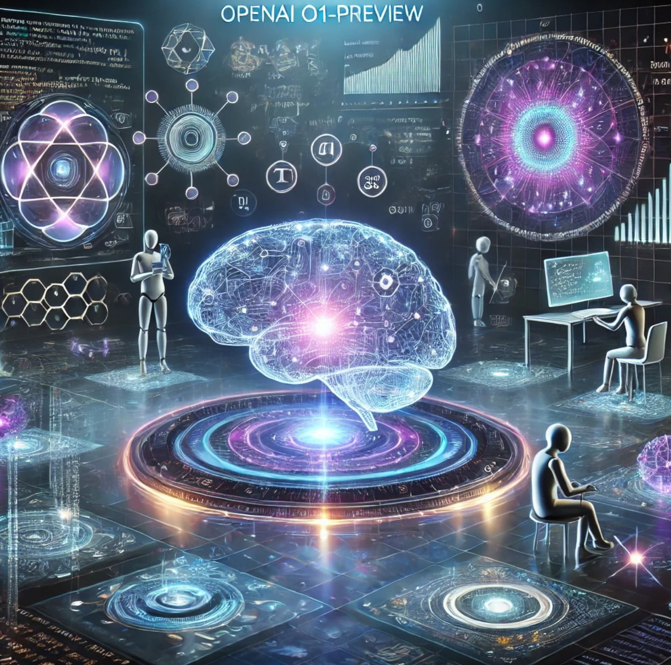 Descubre OpenAi o1: la IA líder que piensa antes de actuar 1 representación futurista de openai o1 con cerebro digital, fórmulas matemáticas y símbolos de codificación, en un entorno de pantallas holográficas y redes neuronales