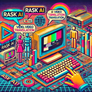 Arte retro de Rask AI, mostrando figuras humanas interactuando con monitores antiguos y burbujas de diálogo en varios idiomas. Elementos de computadoras vintage, gráficos pixelados y cintas VHS evocan la estética de los 80 y 90