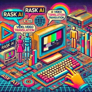 Arte retro de Rask AI, mostrando figuras humanas interactuando con monitores antiguos y burbujas de diálogo en varios idiomas. Elementos de computadoras vintage, gráficos pixelados y cintas VHS evocan la estética de los 80 y 90