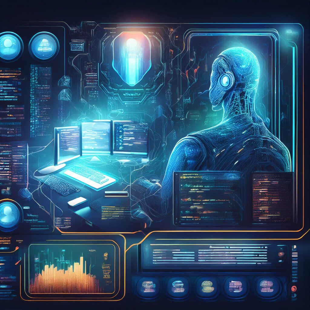 Agente de IA trabajando en una interfaz digital avanzada con múltiples pantallas, destacando análisis de datos y programación en tiempo real