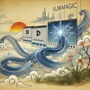 Representación artística de Submagic, herramienta de IA para subtítulos y edición de video, en un estilo de arte asiático. Muestra un flujo armónico de subtítulos sobre un video, con líneas suaves y elementos naturales como agua y nubes, simbolizando la fluidez y rapidez del proceso automatizado