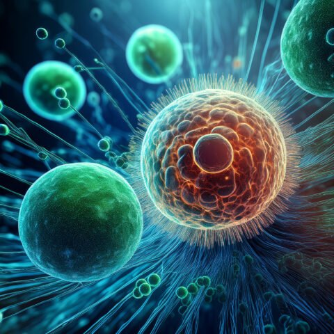 Representación visual de células normales y cancerosas analizadas por inteligencia artificial a nivel nanométrico, destacando las diferencias celulares en el proceso de detección temprana del cáncer