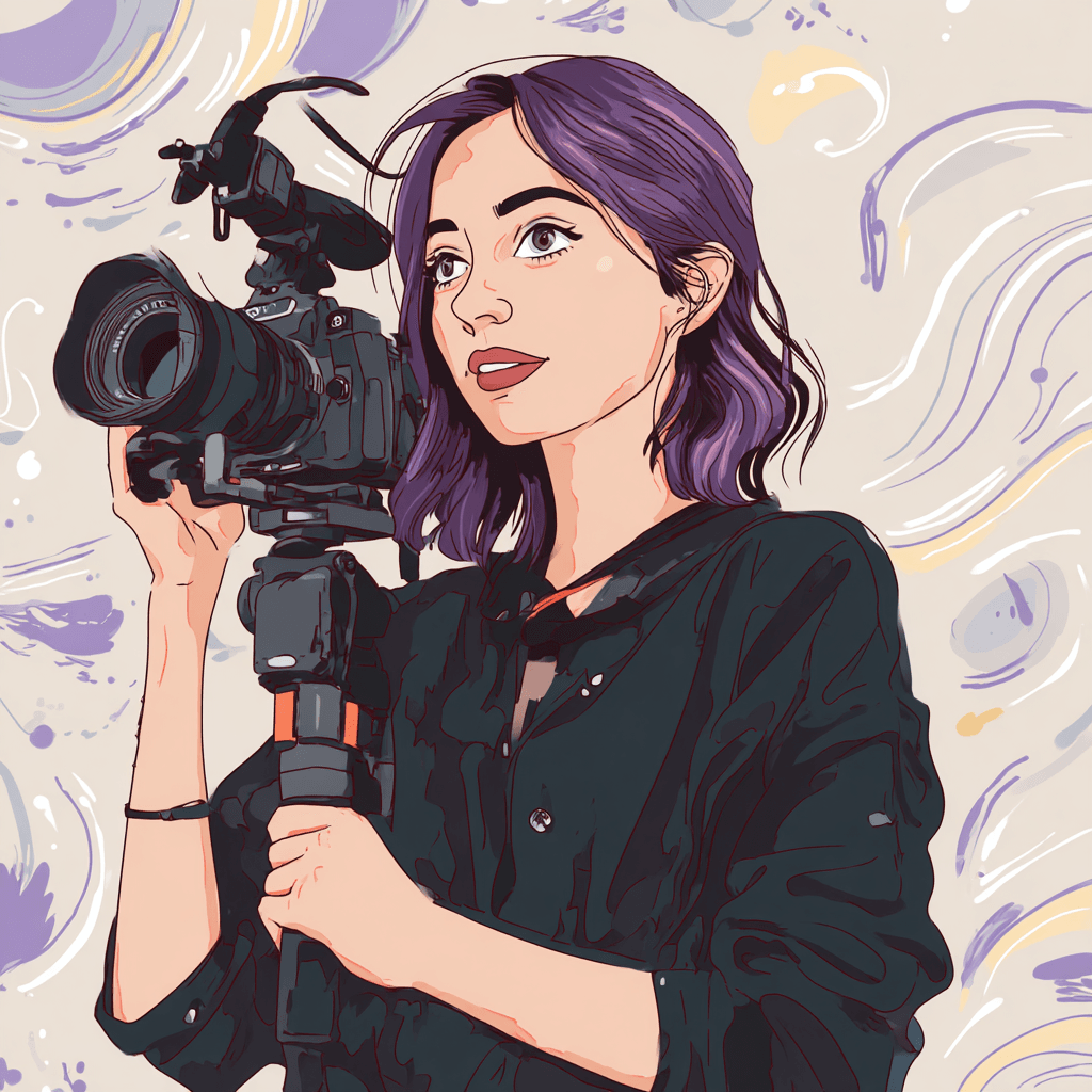 Ilustración de una joven videógrafa con cabello púrpura sosteniendo una cámara profesional sobre trípode, lista para grabar contenido, con fondo artístico y colores pastel