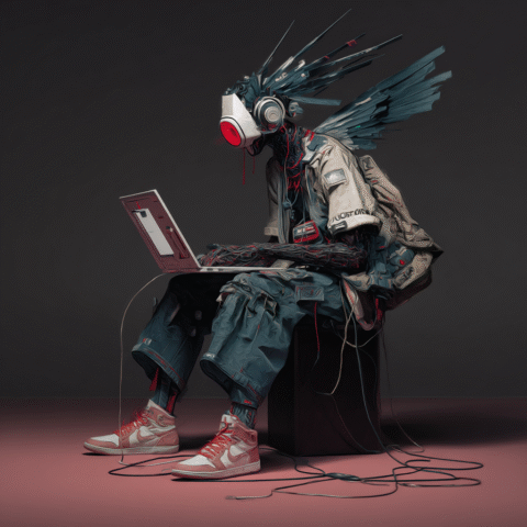 ilustración futurista de un humanoide cibernético con auriculares y alas mecánicas utilizando un portátil, rodeado de cables, en un entorno tecnológico minimalista