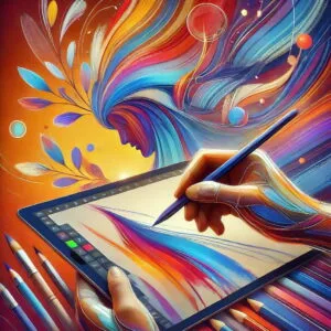 Ilustración vibrante de Muse Pro, mostrando a un artista usando una tableta con pinceladas dinámicas y capas de color. Destaca la creación en tiempo real guiada por IA, con precisión y fluidez