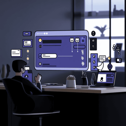 Interfaz digital de un usuario trabajando con una herramienta de chat interactivo, mostrando botones para edición de texto, añadir emoticonos, y optimización de contenido en un ambiente moderno y futurista
