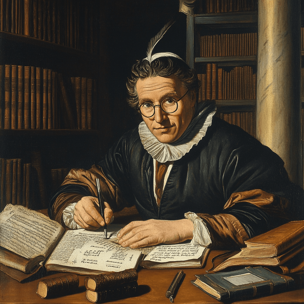 Retrato de un asistente legal renacentista, con gafas redondas y pluma en mano, rodeado de libros antiguos y pergaminos, trabajando en un escritorio de madera bajo luz tenue