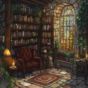 Una acogedora biblioteca de estilo vintage, con estanterías altas de madera llenas de libros, iluminación suave en tonos ámbar proveniente de velas y una lámpara. Un sillón de terciopelo invita a relajarse. Una gran ventana de vitrales deja entrar la cálida luz del sol, creando una atmósfera bohemia e invitante. Plantas y enredaderas decoran las estanterías y paredes de piedra, añadiendo un toque sereno y artístico