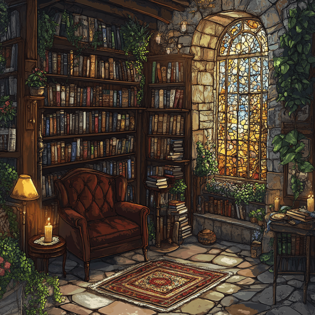Una acogedora biblioteca de estilo vintage, con estanterías altas de madera llenas de libros, iluminación suave en tonos ámbar proveniente de velas y una lámpara. Un sillón de terciopelo invita a relajarse. Una gran ventana de vitrales deja entrar la cálida luz del sol, creando una atmósfera bohemia e invitante. Plantas y enredaderas decoran las estanterías y paredes de piedra, añadiendo un toque sereno y artístico