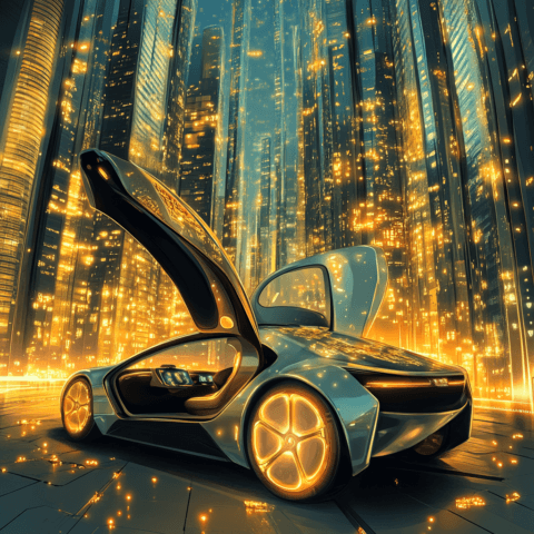 Coche futurista Tesla Cybercab con puertas tipo tijera abiertas en una ciudad iluminada por luces doradas, con un diseño minimalista y sin volante