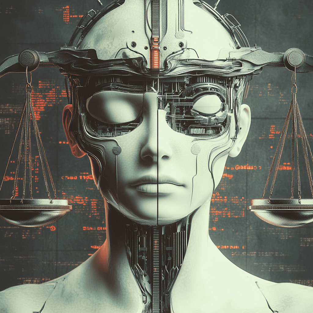 Una representación futurista de un rostro humanoide fusionado con tecnología, simbolizando la inteligencia artificial en el ámbito legal, con balanzas de la justicia a los lados