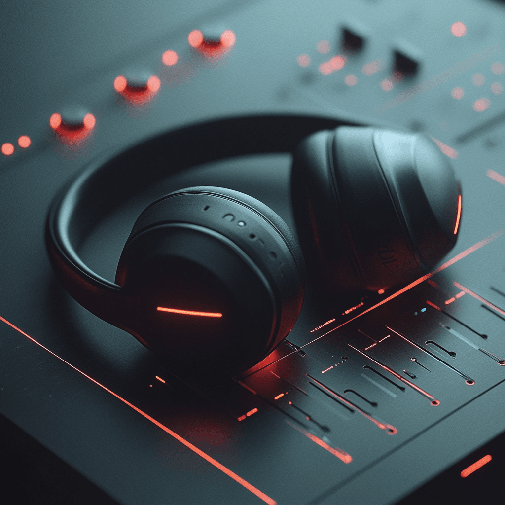 Auriculares negros sobre un panel de mezcla de audio con luces LED rojas, simbolizando la edición y eliminación de voz mediante IA. Estilo moderno y minimalista, ideal para aplicaciones de audio profesional