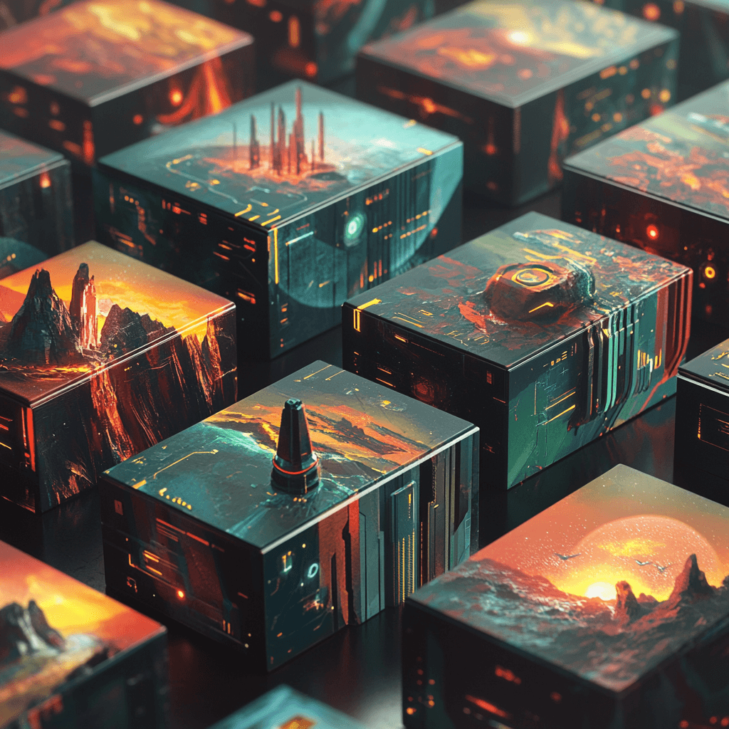 Caja de juegos de mesa futuristas con ilustraciones detalladas de paisajes alienígenas y temas de ciencia ficción, destacando entornos de alta tecnología y terrenos exóticos con efectos de luz en tonos cálidos y brillantes