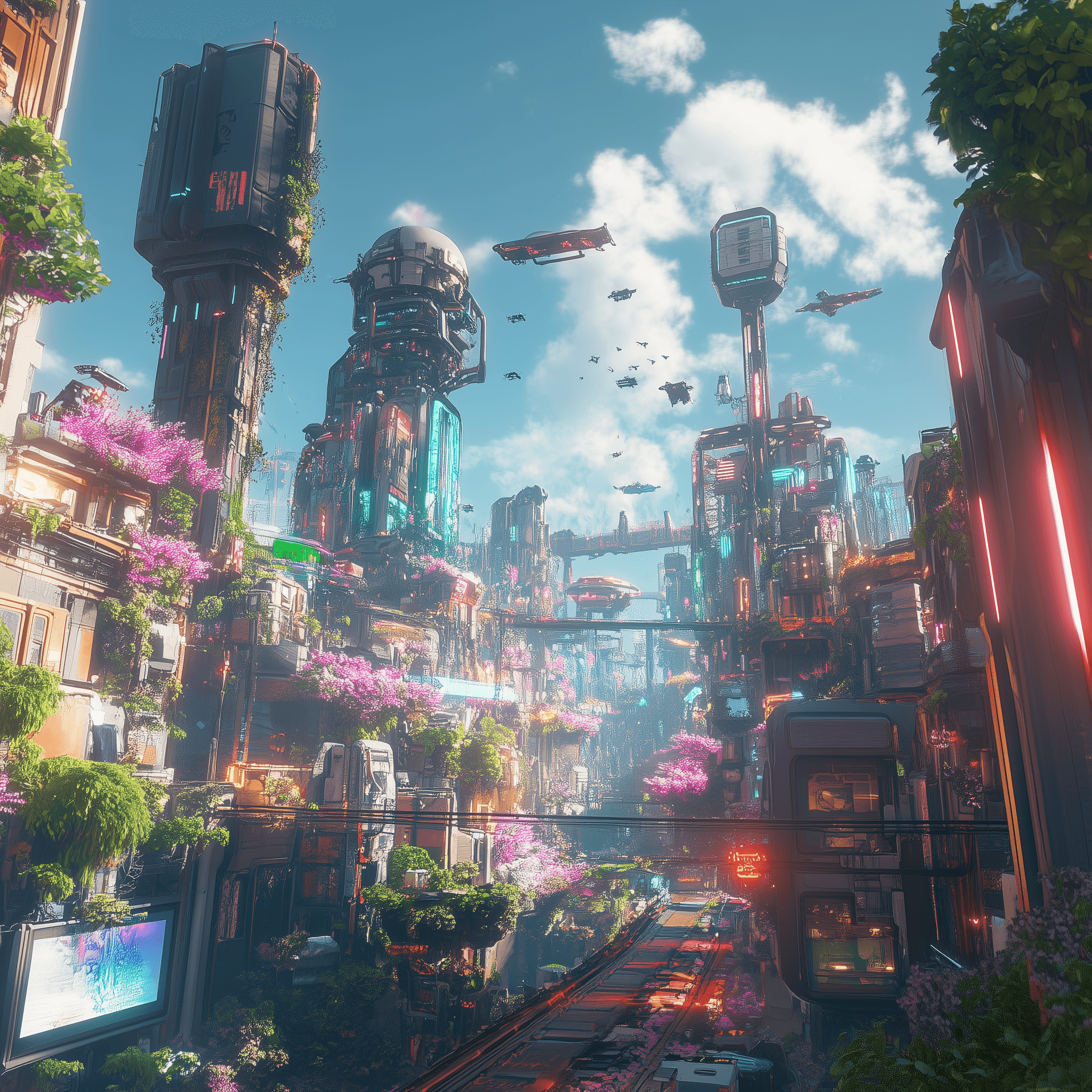 Ciudad futurista con arquitectura moderna y vehículos voladores, rodeada de naturaleza con árboles de cerezo y vegetación. Edificios altos con luces de neón y puentes elevados, en un paisaje tecnológico inspirado en videojuegos de PS5