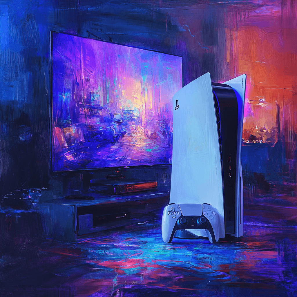 PS5 Pro junto a un televisor mostrando gráficos vibrantes, en un estilo artístico impresionista, destacando la experiencia visual avanzada y la potencia de la nueva consola