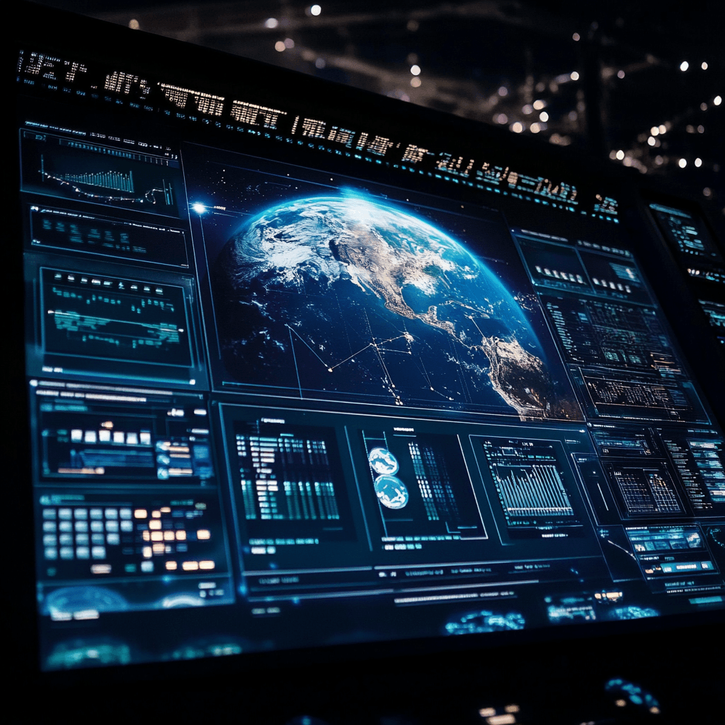 Panel de control futurista del Earth Copilot de la NASA, mostrando la Tierra en tiempo real junto a gráficos y datos geoespaciales avanzados, destacando su enfoque tecnológico e innovador
