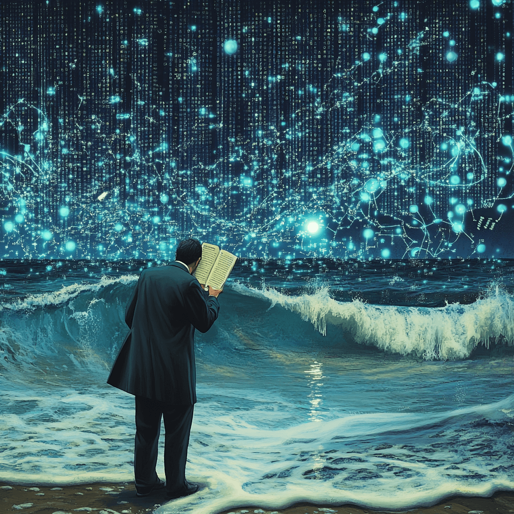 Un hombre vestido con traje de pie en la orilla del mar, sosteniendo un libro abierto mientras observa un cielo surrealista lleno de datos, redes y luces brillantes. Las olas del océano simbolizan un flujo de información incesante que conecta con el cosmos digital