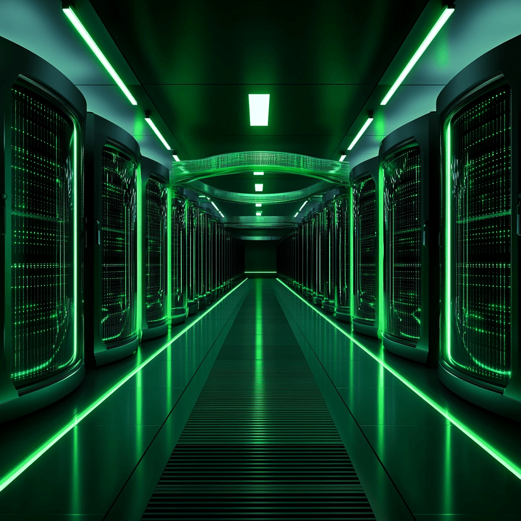 Pasillo futurista de un centro de datos ecológico, iluminado con luces verdes y servidores avanzados, representando tecnología sostenible e innovación