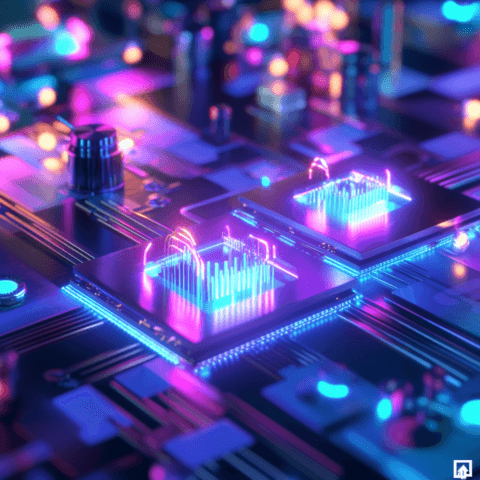Representación futurista de dos chips cuánticos conectados, rodeados de luces y filamentos en tonos azul y púrpura, con un diseño de alta tecnología en un circuito iluminado, simbolizando avances en la computación cuántica