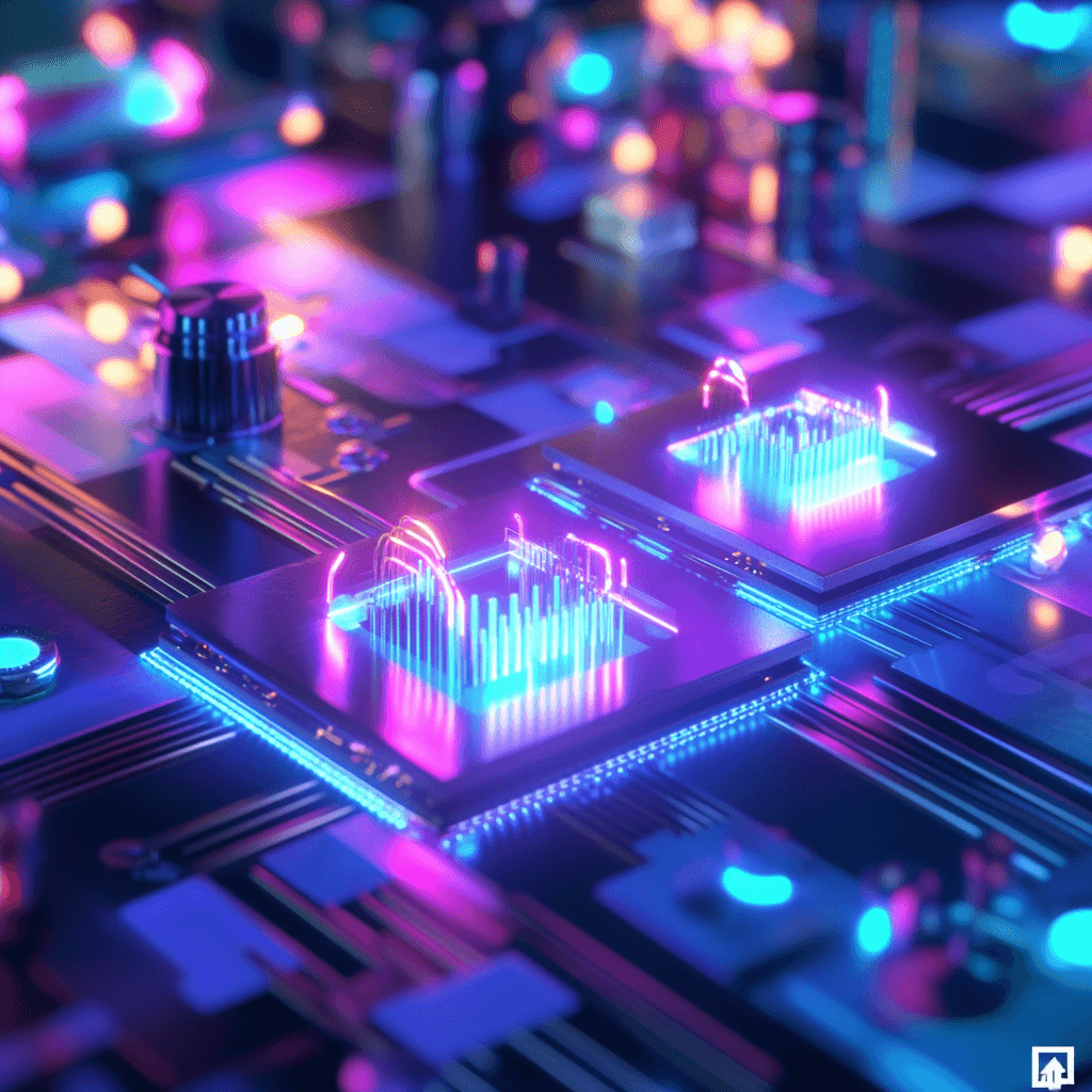 IBM conecta dos chips cuánticos por primera vez: un salto revolucionario en la computación cuántica 1 Representación futurista de dos chips cuánticos conectados, rodeados de luces y filamentos en tonos azul y púrpura, con un diseño de alta tecnología en un circuito iluminado, simbolizando avances en la computación cuántica