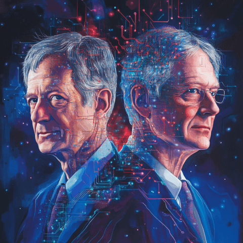 Retrato artístico de dos científicos, John Hopfield y Geoffrey Hinton, de perfil y mirando en direcciones opuestas, representados en un estilo futurista. Sus rostros están rodeados de circuitos electrónicos y conexiones brillantes que simulan redes neuronales, evocando el impacto de sus investigaciones en inteligencia artificial. El fondo es oscuro, con tonos azules y púrpuras, resaltando patrones luminosos similares a sinapsis y nodos conectados, simbolizando la tecnología de redes neuronales y el campo de la inteligencia artificial