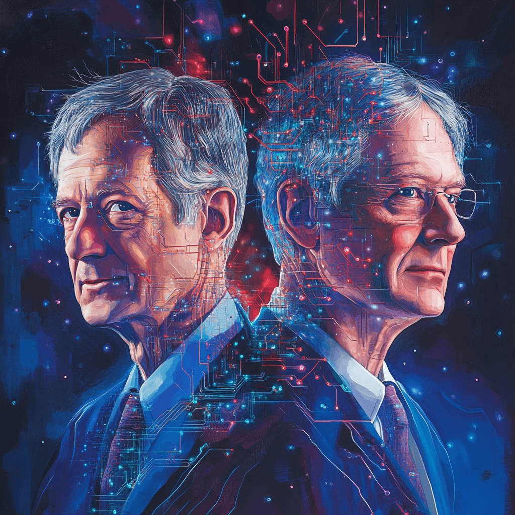 Retrato artístico de dos científicos, John Hopfield y Geoffrey Hinton, de perfil y mirando en direcciones opuestas, representados en un estilo futurista. Sus rostros están rodeados de circuitos electrónicos y conexiones brillantes que simulan redes neuronales, evocando el impacto de sus investigaciones en inteligencia artificial. El fondo es oscuro, con tonos azules y púrpuras, resaltando patrones luminosos similares a sinapsis y nodos conectados, simbolizando la tecnología de redes neuronales y el campo de la inteligencia artificial