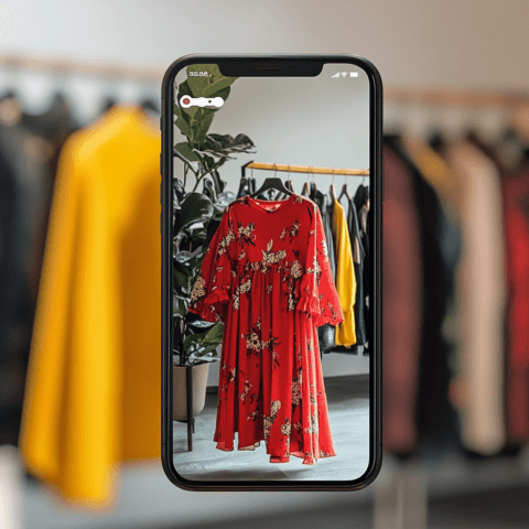 Aplicación de moda Aesthetic mostrando un vestido rojo floral en pantalla de móvil para identificación y compra, facilitando la conexión entre redes sociales y e-commerce