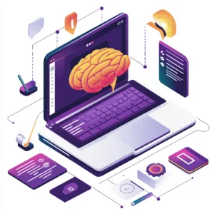 Ilustración conceptual de una laptop abierta con un cerebro digital en la pantalla, rodeada de iconos que representan notas, herramientas de estudio, engranajes y conectores digitales, destacando un diseño moderno y minimalista en tonos púrpura, amarillo y blanco