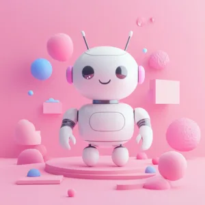 Un robot simpático y futurista con diseño minimalista, rodeado de elementos geométricos en colores pastel rosa y azul, sobre un fondo rosado
