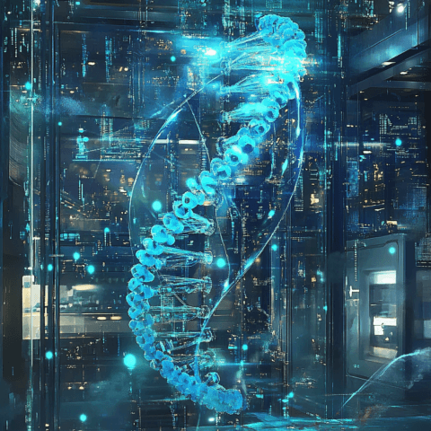 Ilustración futurista de una doble hélice de ADN luminosa entrelazada con circuitos digitales en un laboratorio de alta tecnología, simbolizando la fusión de biotecnología e inteligencia artificial