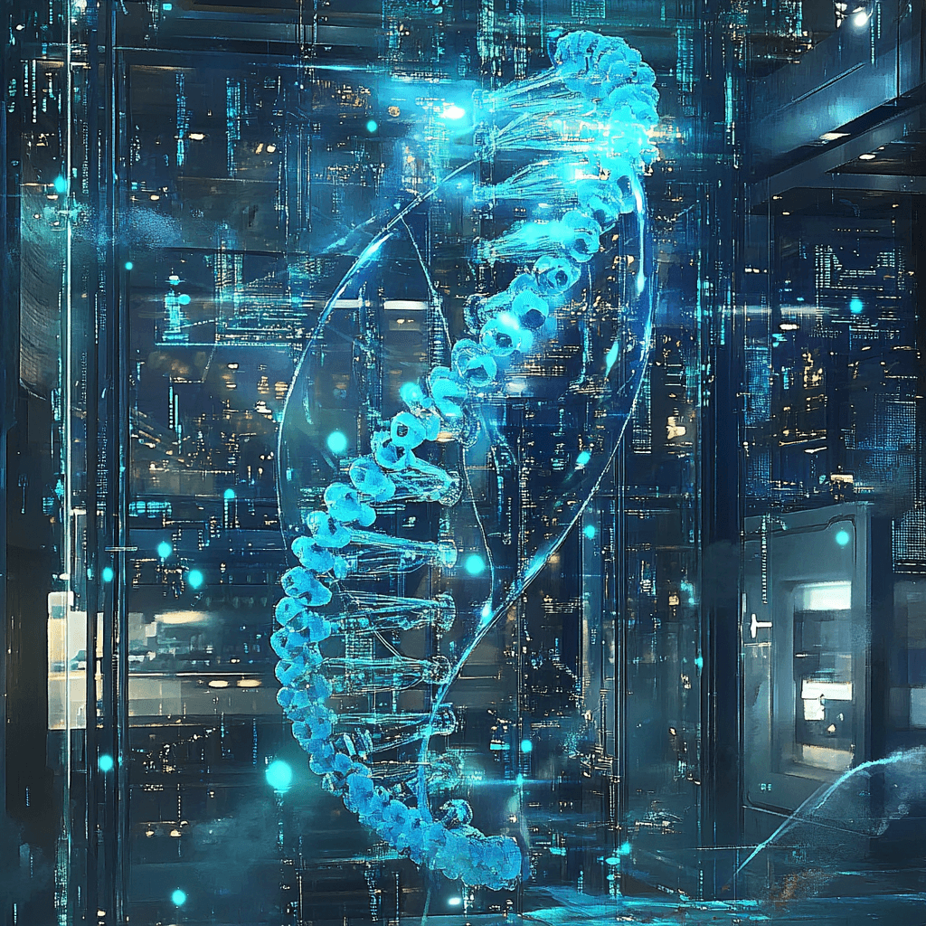Ilustración futurista de una doble hélice de ADN luminosa entrelazada con circuitos digitales en un laboratorio de alta tecnología, simbolizando la fusión de biotecnología e inteligencia artificial